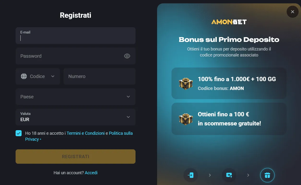 Registrazione su Amonbet Casino